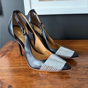 L.A.M.B Faran Leather Pumps Heels Black and Silver